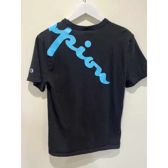 Champion Men's S Short Sleeve Heritage Tee Black‎ With Blue Script Logo Cotton - Picture 3 of 5